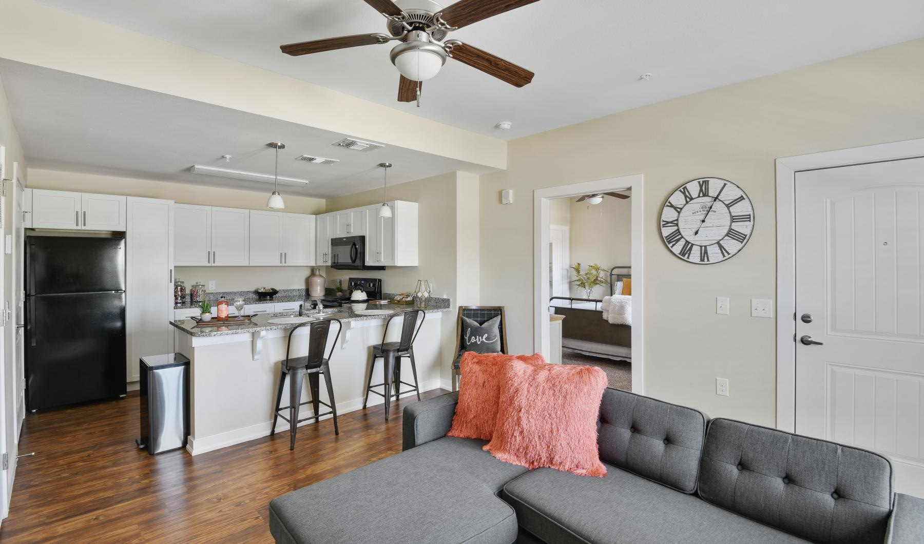 a living room with a couch and a table