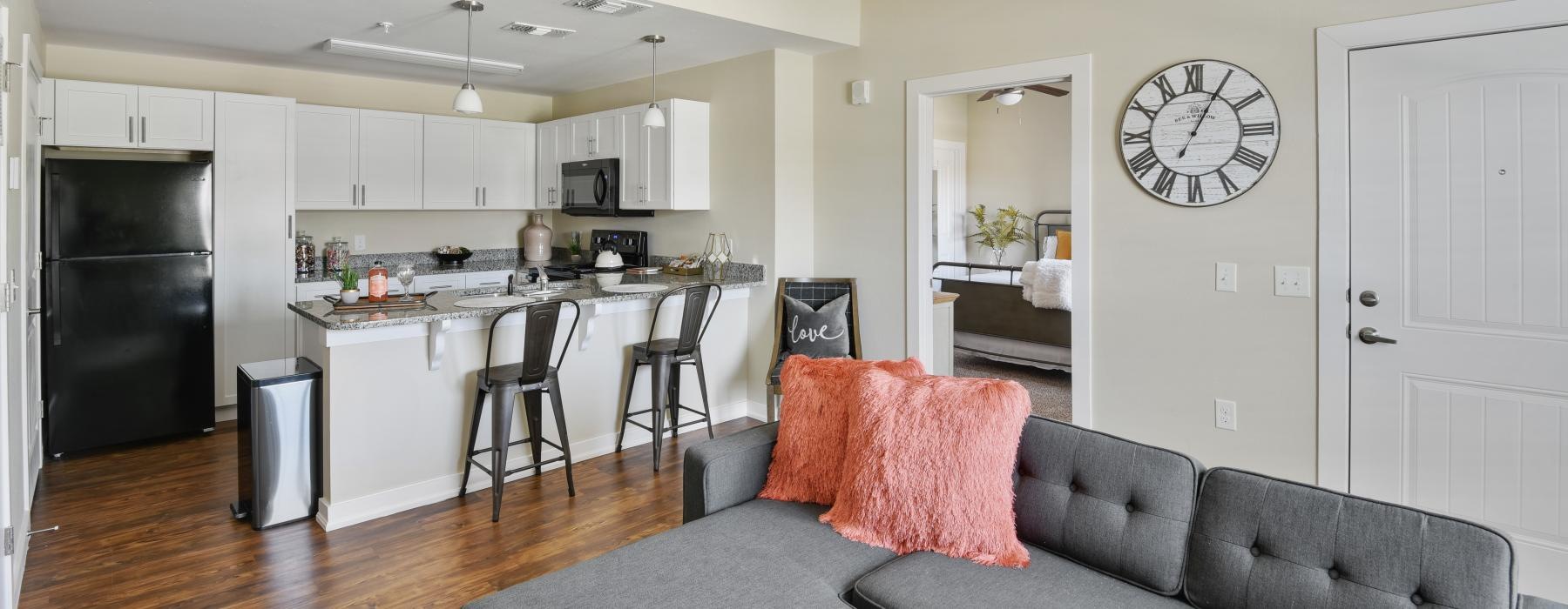 a living room with a couch and a table